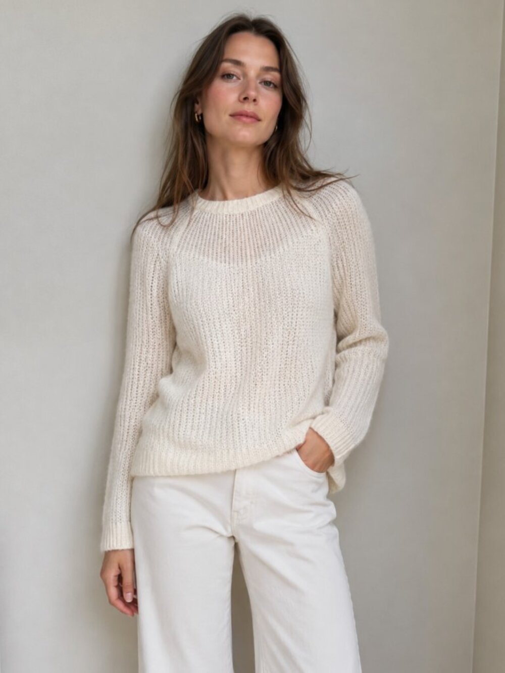 Zara open knit cobweb back button knit top - cream